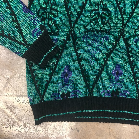 Vintage 70s Lurex Sweater Oversized Green Black - Picture 3 of 5